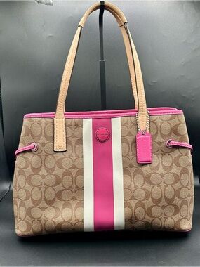 COACH Signature Stripe PVC Large Carryall Shoulder Bag in Mulberry/Khaki.